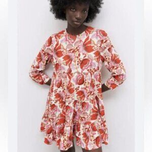 Zara Crinkle Tiered Mini Dress 3/4 Sleeves Size Medium